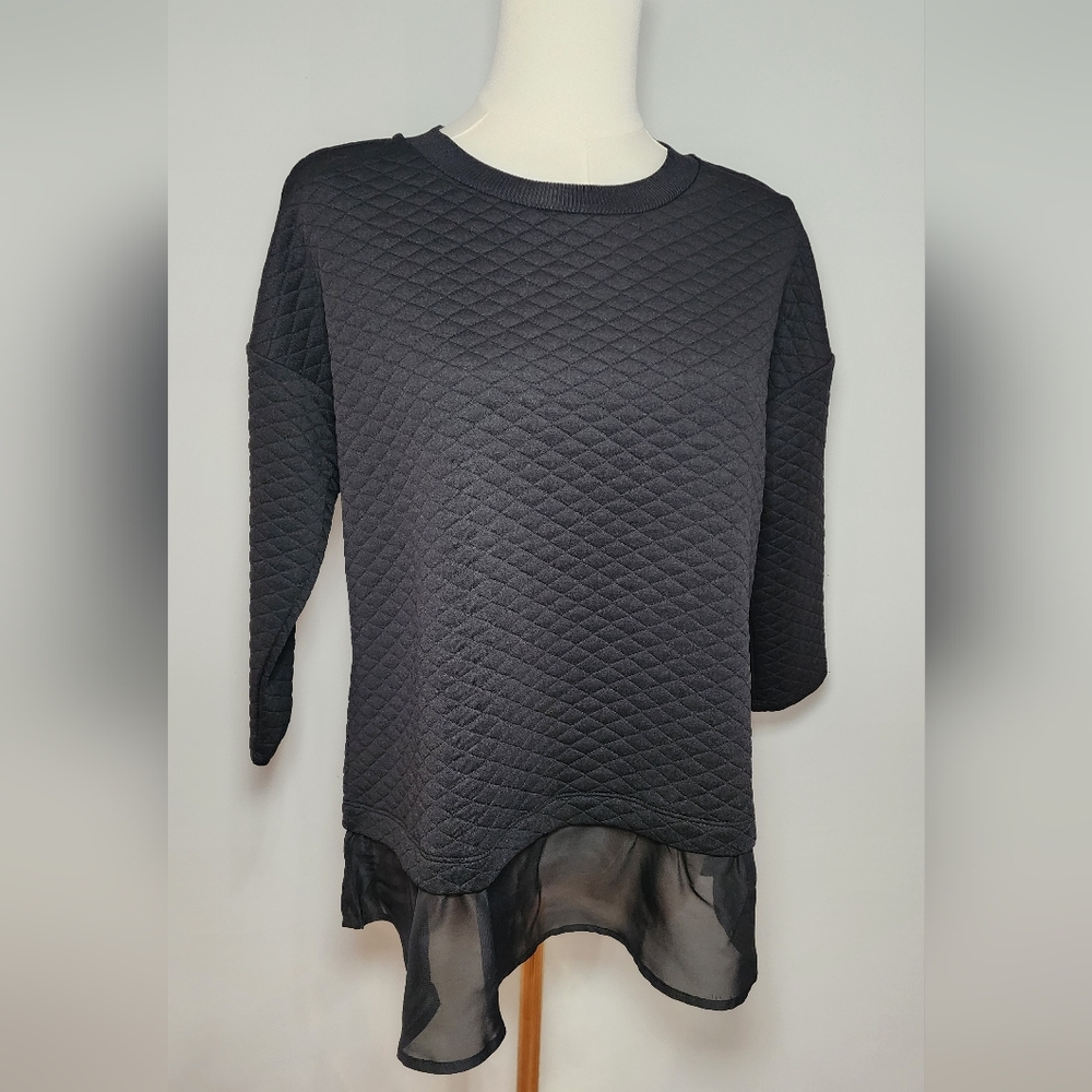 RETRELOGY Blouse Casual Sweater 3/4 Sleeves Quilted Top Chiffon Trim Size M